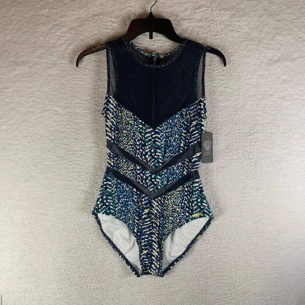 Vince Camuto‎ Women's Animal Print Mesh High Neck One Piece Swimsuit Size 10 NWT